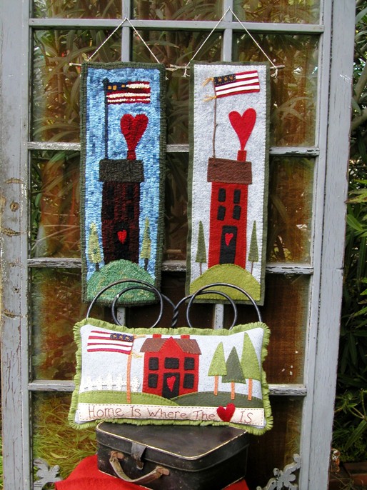 Wool Applique 'Homey' pillow and wall hangings.