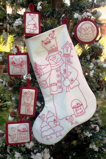 Woodland Snowman RedWork Stocking - Hand Embroidery Pattern