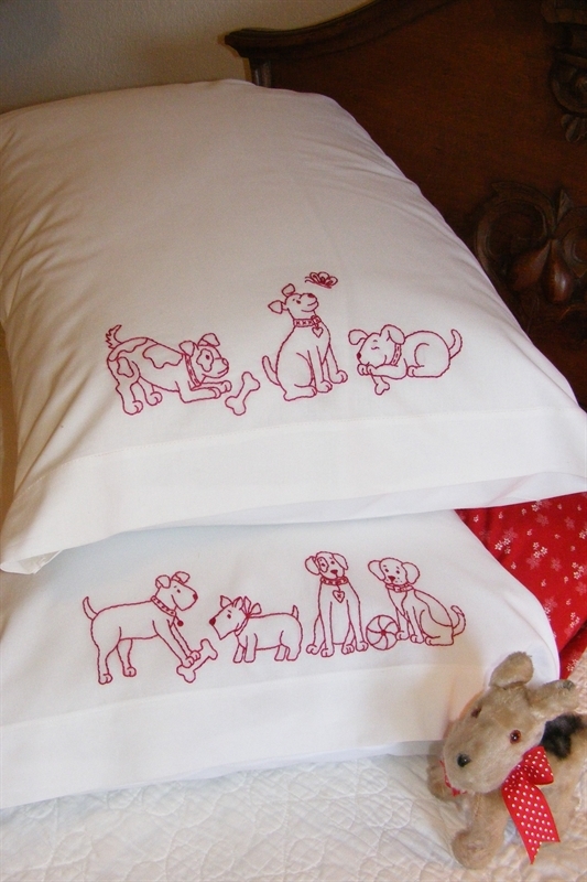 Playful Pups Pillowcase Hand Embroidery Pattern Shipped