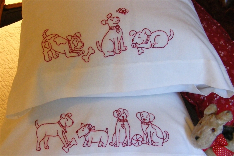 Playful Pups Pillowcase Hand Embroidery Pattern Shipped