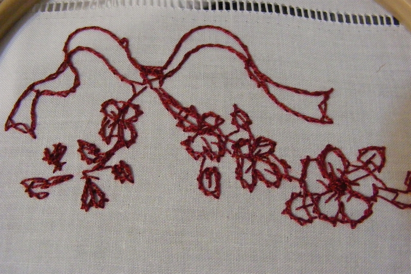 Blossoms & Ribbons RedWork Pillowcase Hand Embroidery Pattern Shipped