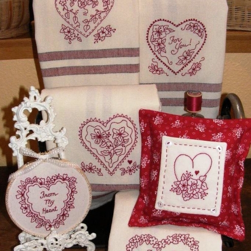 Picture of Hearts & Flowers RedWork Tea Towels - Hand Embroidery