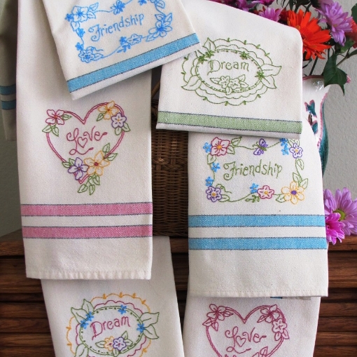 Picture of Love*Dream*Friendship Machine Embroidery Pattern for Tea Towels