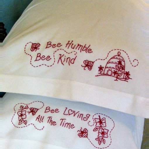 Bee Humble - Bee Kind RedWork Pillowcase Hand Embroidery Pattern