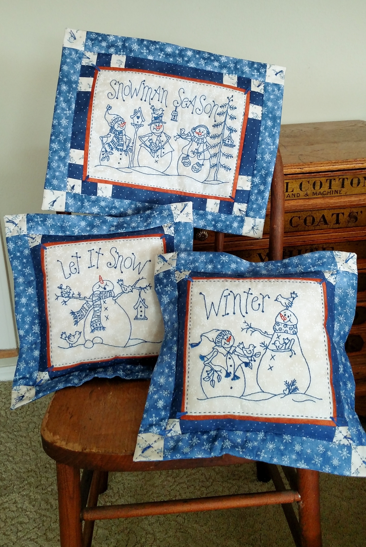 3 Machine Embroidery BlueWork Designs Filled With Wintery Snowmen