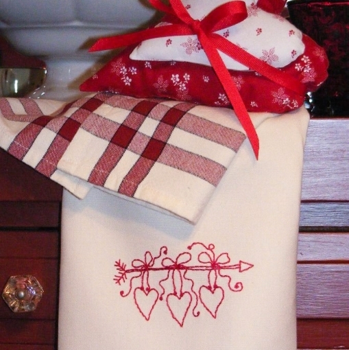 Picture of Valentine Hearts Tea Towel - Hand Embroidery Pattern - Download