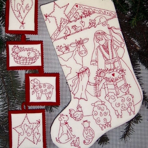 Nativity Pageant RedWork Stocking - Hand Embroidery Pattern