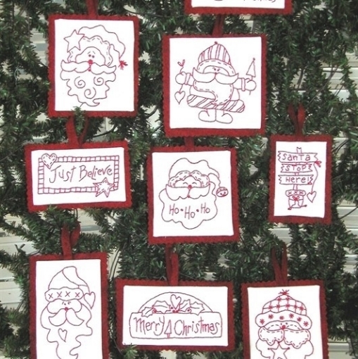 Santa RedWork  - Set of 10 Ornaments - Hand Embroidery Pattern - Shipped