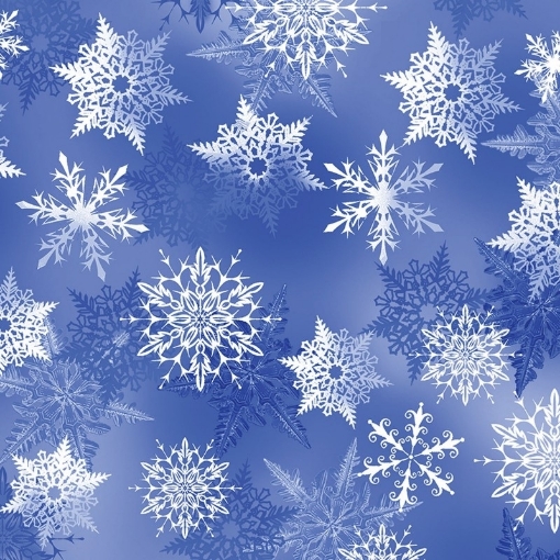 100% Cotton Fabric with White and Blue Snowflakes on a Blue Background