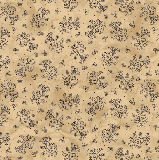 Jacobean Stitches - Tea-Dye/Black Cotton Fabric