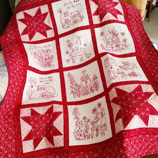 Love Me, Love My Cat RedWork Quilt - Machine Embroidery Pattern