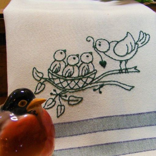 Feathered Family Tea Towel - Hand Embroidery Pattern