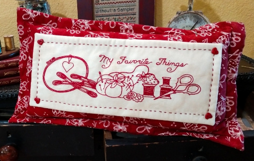 Picture of My Favorite Things RedWork Pillow with "Stitchy Things" fabric