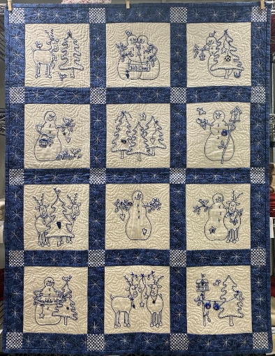 Snowmen & Reindeer Quilt - Hand Embroidered Finished Model