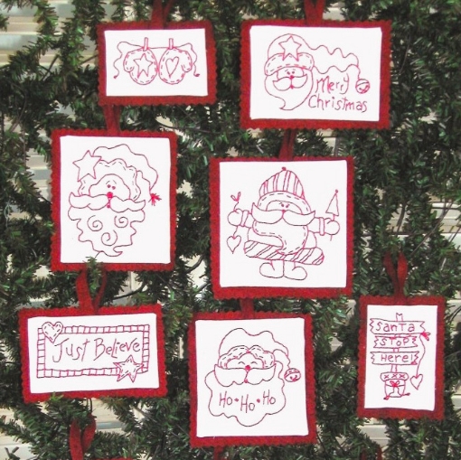 Santa RedWork  - Set of 10 Ornaments - Machine Embroidery Pattern