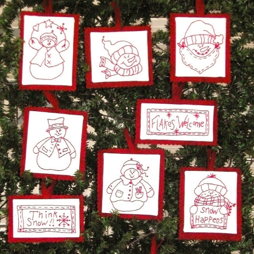 Snowmen RedWork Ornament Collection - Set of 10 - Hand Embroidery Pattern - Shipped