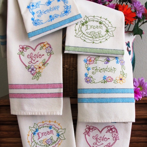 Picture of Love, Dream, Friendship Tea Towels - Hand Embroidery Pattern - Download