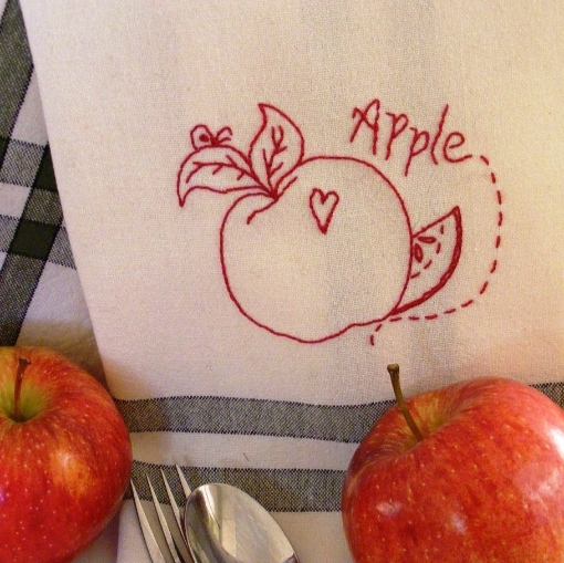 Picture of Fruit & Veggie Apple Tea Towel - Hand Embroidery Pattern - Download